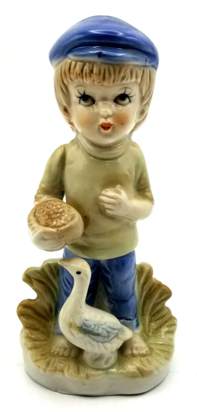 Vintage Porcelain Figurine Boy with Goose Blue Cap 5.5